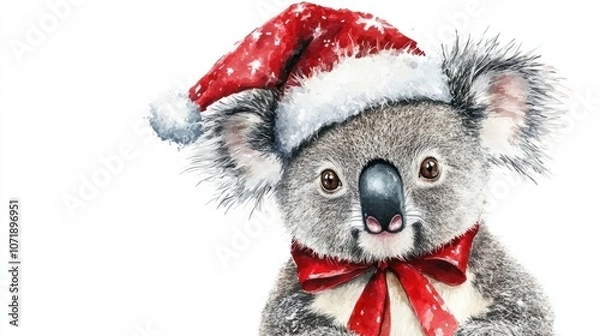 Obraz Adorable koala with a Christmas hat and red ribbon, watercolor painting, isolated on white