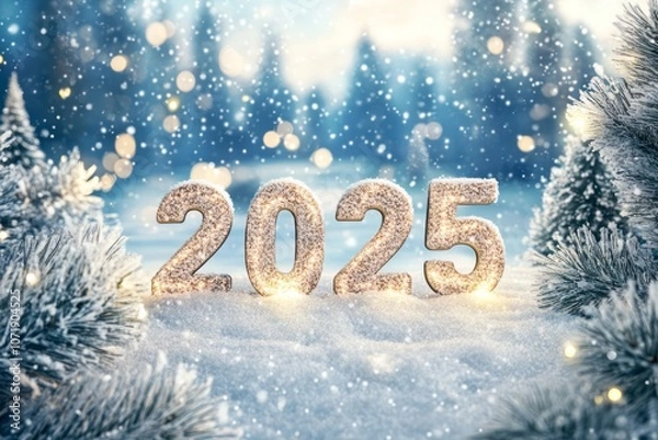 Fototapeta Illuminated 2025 New Year's Eve Numbers in a Snowy Winter Forest