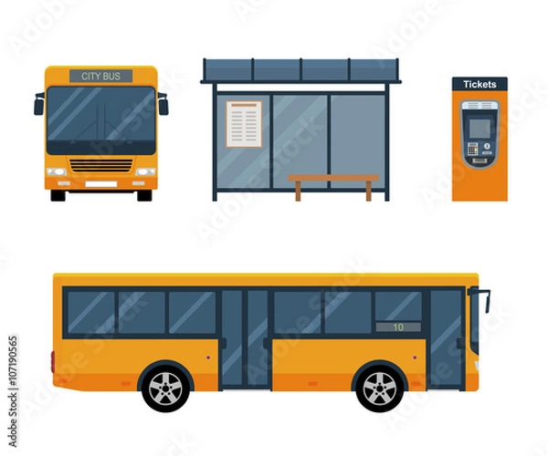 Obraz Flat style concept of public transport. Set of city bus with front and side view, bus stop and ticket machine. Isolated vector illustration.
