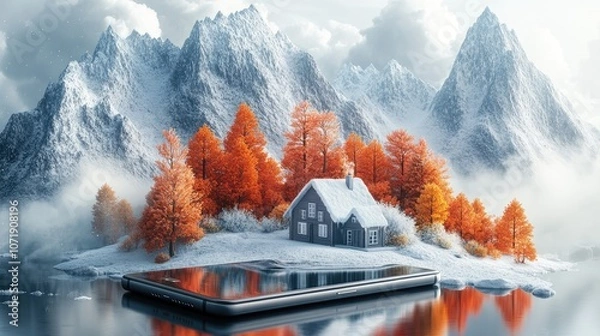 Fototapeta A miniature winter wonderland scene with a small cottage nestled amongst orange trees and snow-capped mountains, reflected in a smartphone screen.