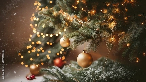 Fototapeta A snowy Christmas background with pine branches and sparkling ornaments.


