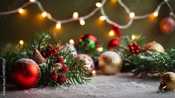 Fototapeta A warm Christmas background featuring sparkling lights and colorful ornaments in snow.


