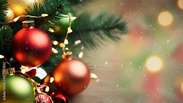 Fototapeta A wintery Christmas background with snow, pine branches, and shimmering ornaments.

