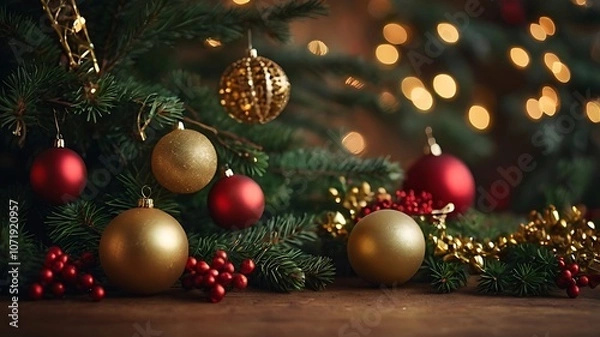 Fototapeta A traditional Christmas background with red and gold baubles nestled in frosty pine branches.

