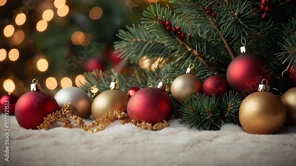 Fototapeta Glittering ornaments and snowy pine branches form a serene Christmas background.


