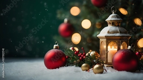 Fototapeta A charming Christmas background showing a snow-covered window and glowing lights by the fireplace.

