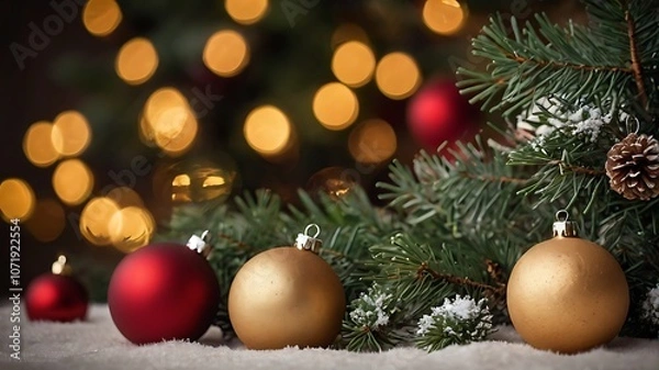 Fototapeta A classic Christmas background with red, green, and gold ornaments surrounded by pine branches and snow.

