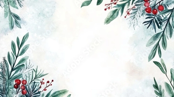 Fototapeta Winter Botanical Frame with Red Berries and Green Leaves