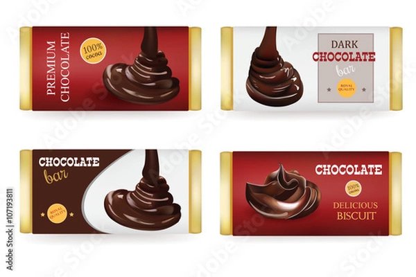 Obraz  Chocolate bar Design Templates Isolated On White Background. Liquid Pouring Chocolate and Text on the Packaging