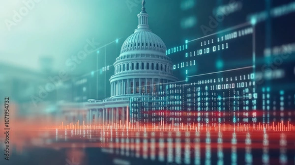 Fototapeta A digital representation of the U.S. Capitol building blends with binary code and data graphics, symbolizing technology's impact on government and politics.