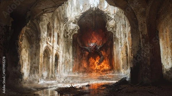 Fototapeta A monstrous demon emerging from flames in a decrepit stone cathedral with arched ruins and intense fiery backdrop.