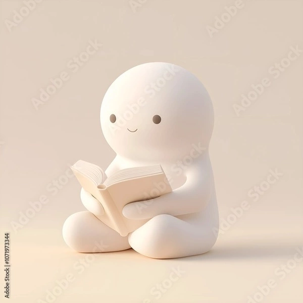 Fototapeta Minimalistic, adorable 3D character reading a book, set against a soft beige background. Perfect for themes of learning, mindfulness, education, relaxation, and reading.
