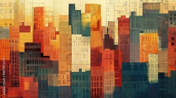 Fototapeta Layers of geometrically arranged buildings in vibrant hues create a visually striking abstract representation of urban land. The artwork captures a cityscape at dusk, blending warm and cool colors 