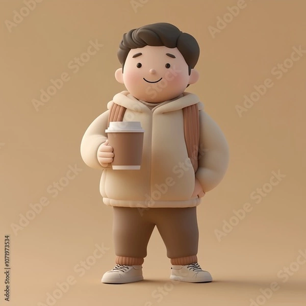 Fototapeta Charming 3D illustration of a cheerful character holding a coffee cup, dressed warmly with a hoodie and backpack. Minimalist design perfect for themes of relaxation, travel, or lifestyle.
