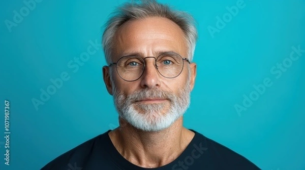 Fototapeta A portrait of a distinguished elderly gentleman wearing glasses, set against a vibrant blue background, expressing wisdom, calmness, and maturity in vibrant tones.