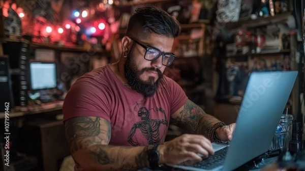 Obraz A man with tattoos and a beard is focused on typing on a laptop in a dimly lit room with colorful lights and eclectic decor, creating a creative workspace atmosphere.