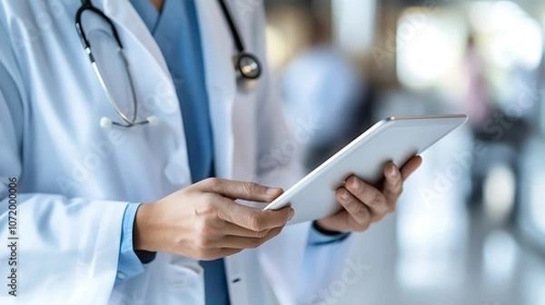Fototapeta Close-up of a doctor's hands holding a tablet in a hospital.