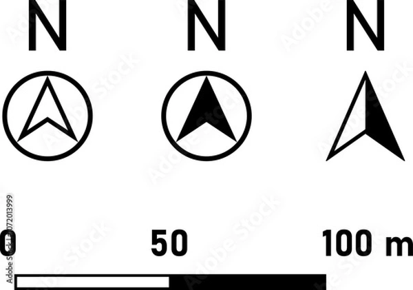 Fototapeta Basic Black Round North Mark Arrow Sign Symbol in Circle and Scale Icon and Linear or Bar Scale Set for Map or Site Plan Orientation. Vector Image.