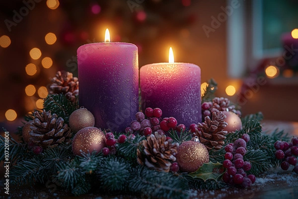 Obraz Peaceful Advent Wreath with Candlelight, Symbolizing Christmas Anticipation