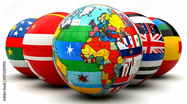 Obraz 3D Globe Illustration with Surrounding Flags Representing Different Countries
