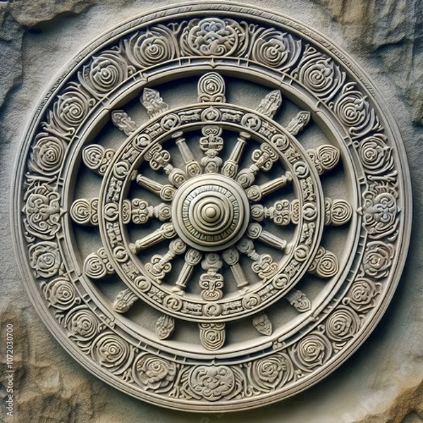 Fototapeta The Buddhist wheel of Dharma, symbolizing the teachings of the Buddha, displayed on an ancient stone.