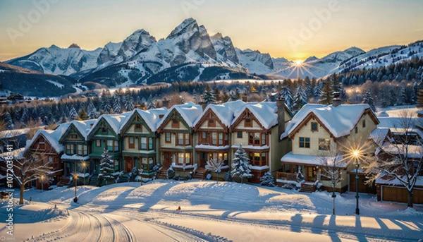 Obraz Serene Winter Scene, Snowflake Dance at Sunset, Idyllic Townscape