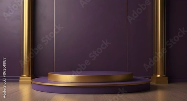 Fototapeta Purple and gold luxurious podium for product presentation, empty platform background