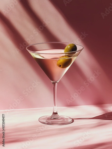 Fototapeta A pink martini featuring two green olives in a glass, set against soft pink background with subtle light patterns.