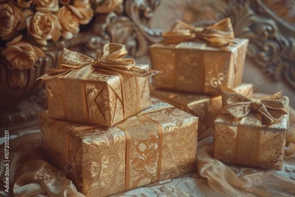 Obraz A stack of colorful gift boxes on a table, perfect for parties or celebrations