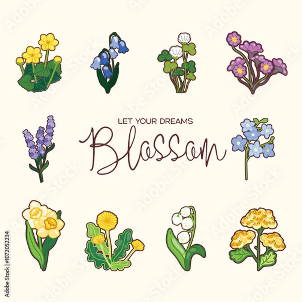 Obraz Wildflowers, including dandelions, lilies of the valley, lavender, and forget-me-nots, each in soft colors. Each flower type has unique details, creating a charming and delicate appearance.