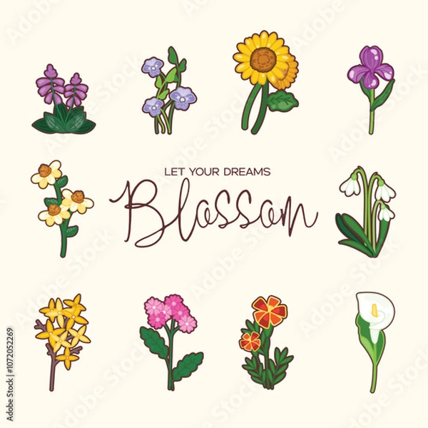 Obraz Different types of flowers, each with unique shapes and colors, including sunflowers, lilies, and violets. The background is a light, neutral shade, allowing the colorful flowers to stand out.