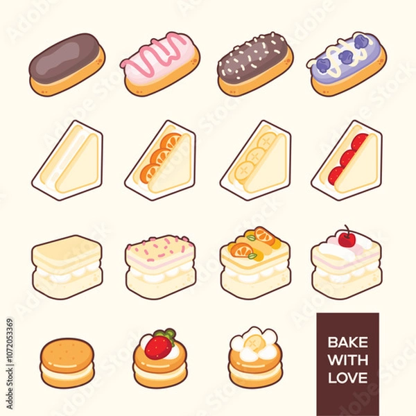 Obraz This image features an array of sweet treats, including eclairs, fruit-filled sandwiches, and layered cakes topped with fruits and cream. Each item is charmingly decorated, making the desserts look in