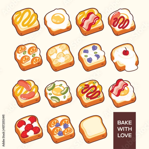 Obraz This illustration shows colorful toasts with toppings like eggs, bacon, fruits, and sauces. Each slice is unique and playful, with a warm message "BAKE WITH LOVE"