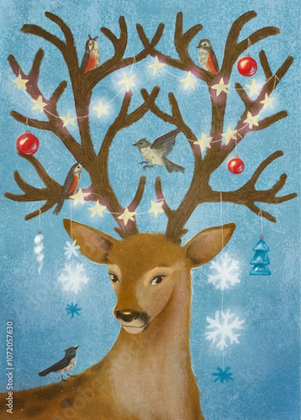 Fototapeta Merry Christmas and Happy New Year greeting card template with deer, birds and garland 