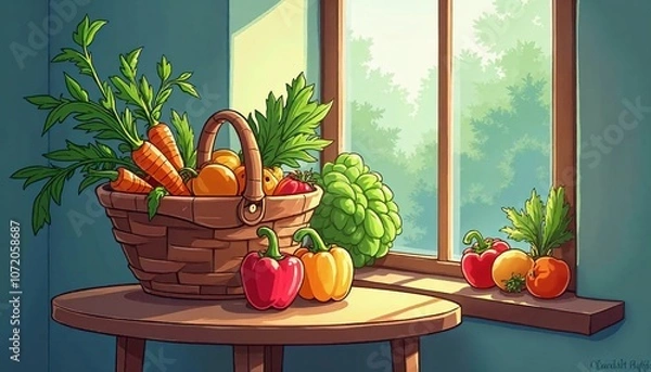 Obraz Charming Cartoon Style, Farm-Fresh Vegetables in a Basket