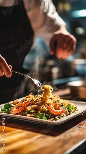 Fototapeta Chef plating a steaming hot noodle dish with shrimp and vegetables in a restaurant kitchen. Close-up view of hands garnishing the colorful, appetizing meal.