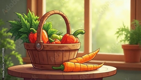Obraz Charming Cartoon Style, Farm-Fresh Vegetables in a Basket