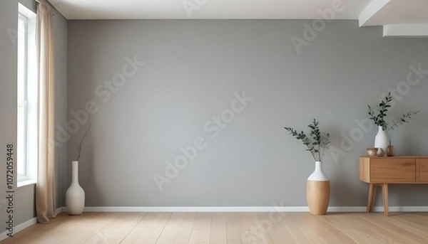 Fototapeta A minimalist room with a light gray wall and a wooden floor. There is a white vase on the floor.