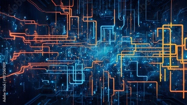 Fototapeta Abstract digital circuitry design with vibrant blue and orange lines on a dark background.