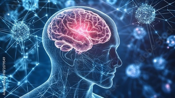 Obraz A 3D human head model with 2D holographic neural network patterns floating around it, representing innovation in neuroscience, 4k resolution, ultra-realistic, uncluttered background