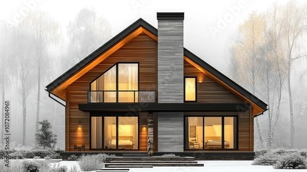 Obraz Modern wooden house with a fireplace and windows in the snowy forest.