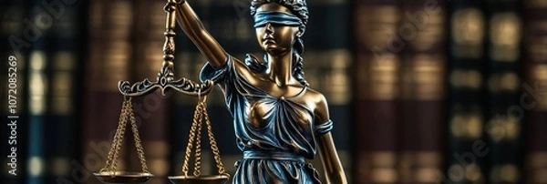 Fototapeta Lady Justice statue with scales in front of law books