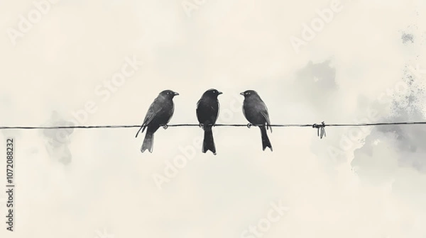 Fototapeta Three birds perched on a wire, illustrated in a monochromatic ink-blotted style on a white background, conveying a minimalist and tranquil scene. Minimalist. Illustration