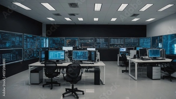 Fototapeta High-tech computer lab with multiple advanced workstations featuring large screens and coding data displayed, ideal for software development