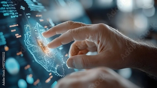 Fototapeta Close up Hands Interacting with Futuristic Holographic Financial Data Screens