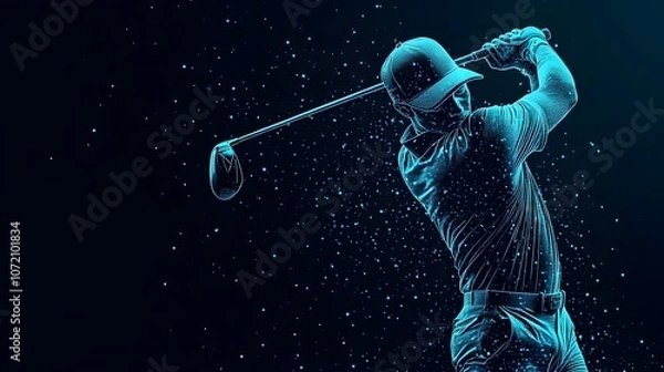 Fototapeta Holographic Golfer Swinging in Neon Minimalistic Digital Backdrop