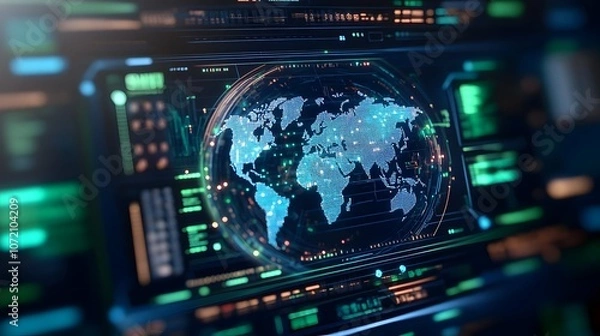 Fototapeta Futuristic Digital Holographic Globe with Glowing Data Points and Neon Accents Global Technology Theme