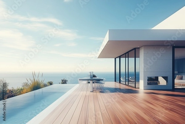 Fototapeta A large house with a pool and a patio overlooking the ocean