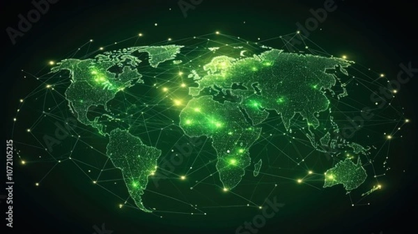 Fototapeta Green Tech World Map for Connectivity Visualization