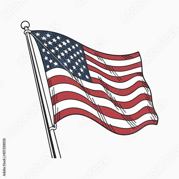 Fototapeta USA flag in pole , American flag vector illustration, vintage USA flag vector with pole,